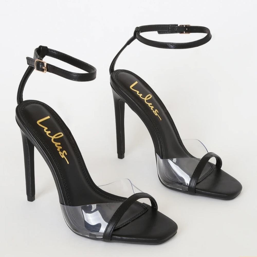 Jaque Black Vinyl Ankle Strap High Heel Sandals